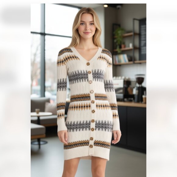 NWT LUCKY BRAND  Geometric Cardigan Sweater Dress In Cream/black /Tan 1X - Picture 1 of 9